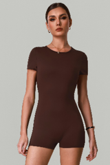 Women's Solid Open-Back Short-Sleeve Workout Jumpsuit