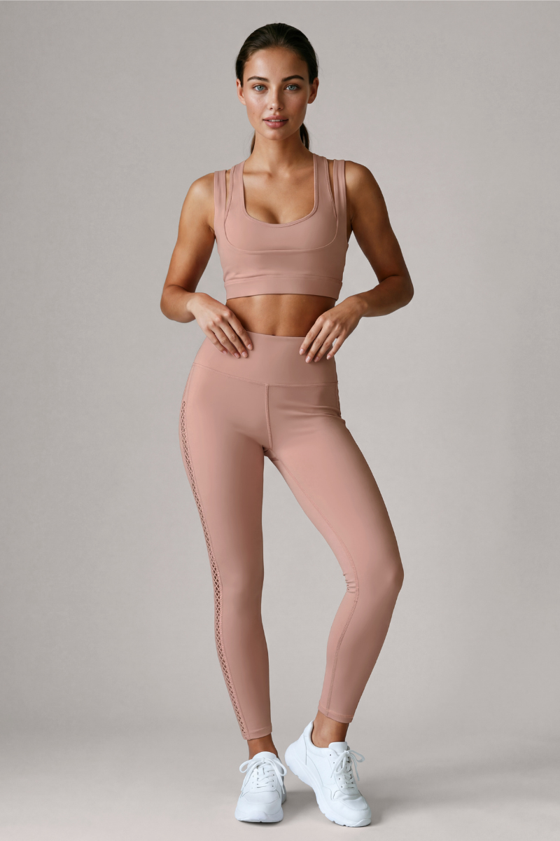 Women’s Double Strap Bra And Side Mesh Leggings Yoga Sets