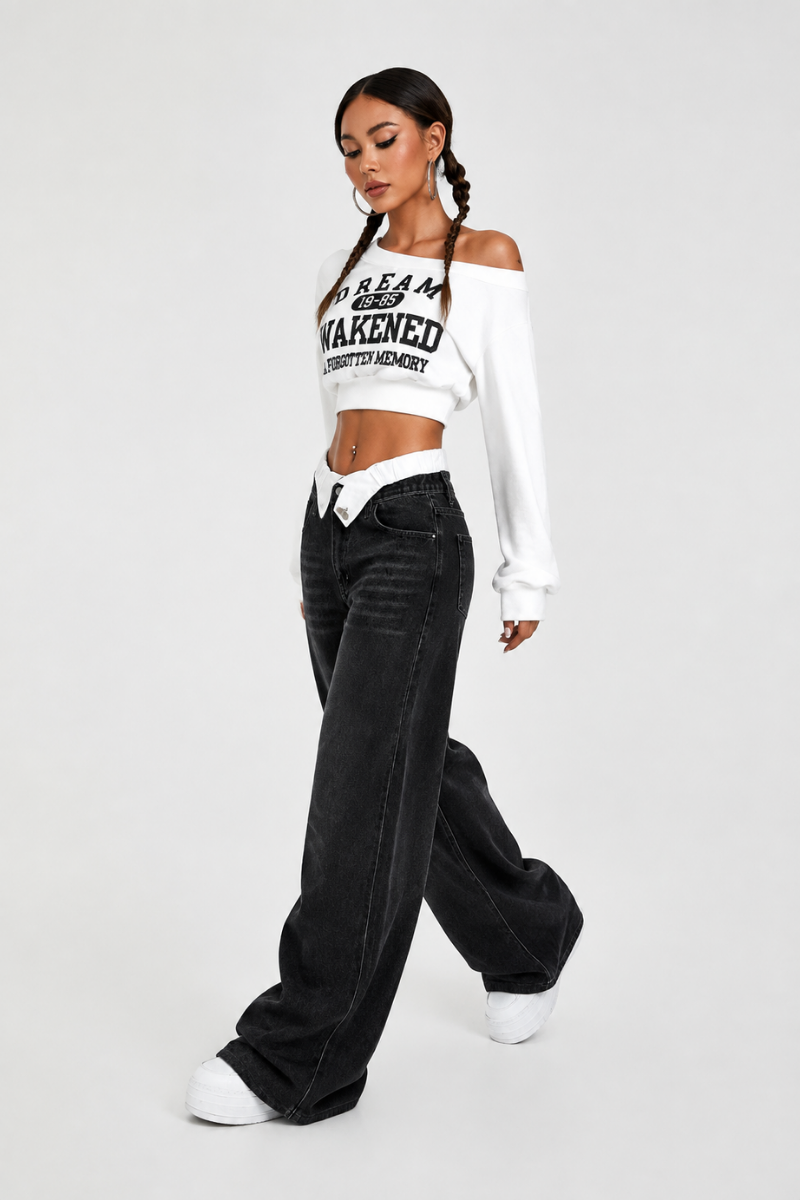 Women's Streetwear Double-Waistband Loose Wide-leg Jeans