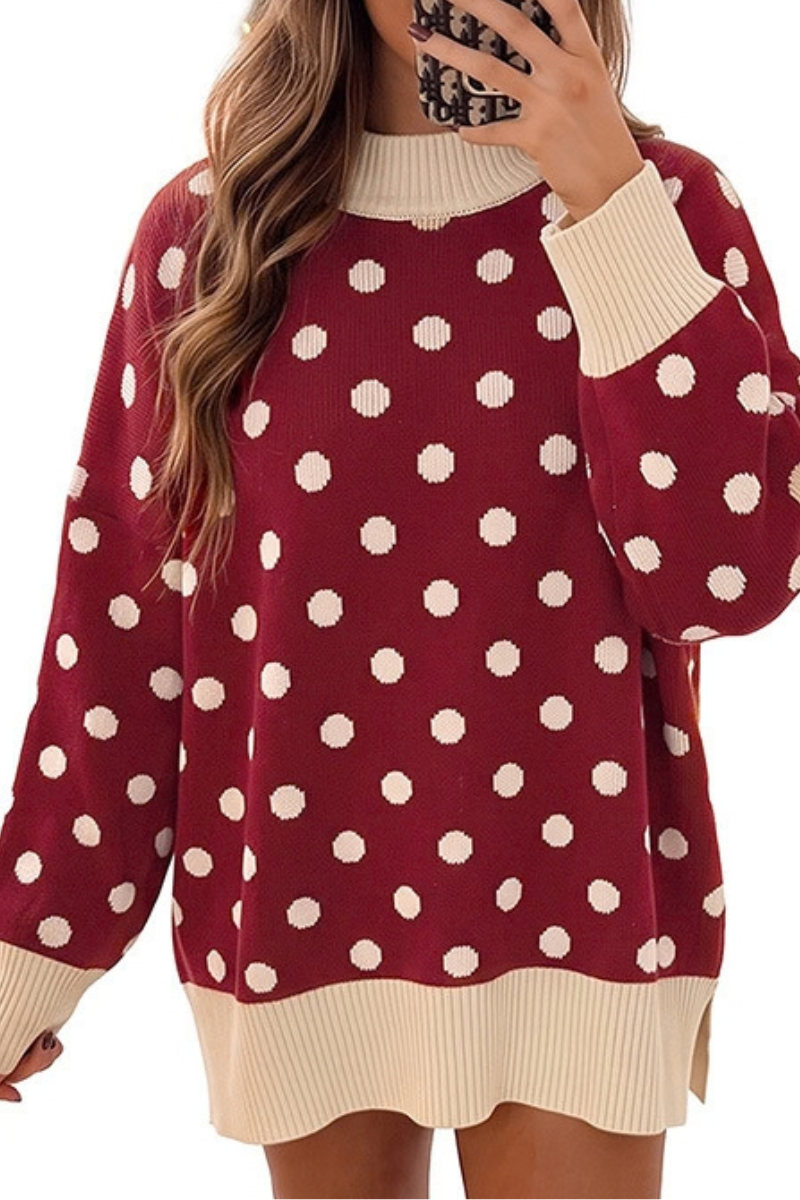 Women's Fall Christmas Polka Dot Long Knit Mockneck Sweater