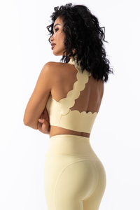 Women's Scalloped Mock Neck Padded Cutout Open Back Top