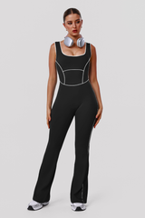 Women's Athletic Color Block U-Neck Flared Pants Jumpsuit
