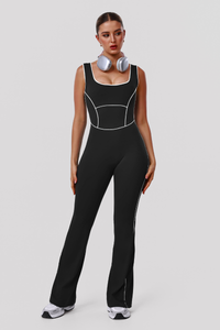 Women's Athletic Color Block U-Neck Flared Pants Jumpsuit