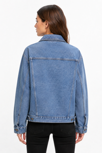 Women's Classic Blue Relaxed Denim Jacket with Red Tag