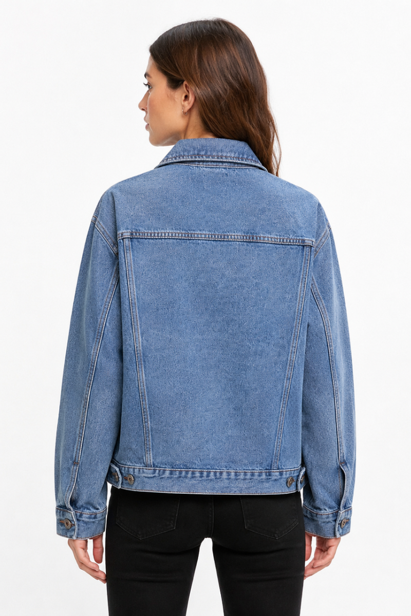 Women's Classic Blue Relaxed Denim Jacket with Red Tag