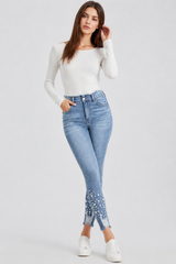 Women's High Waist Pearl Embellished Stretch Skinny Jeans