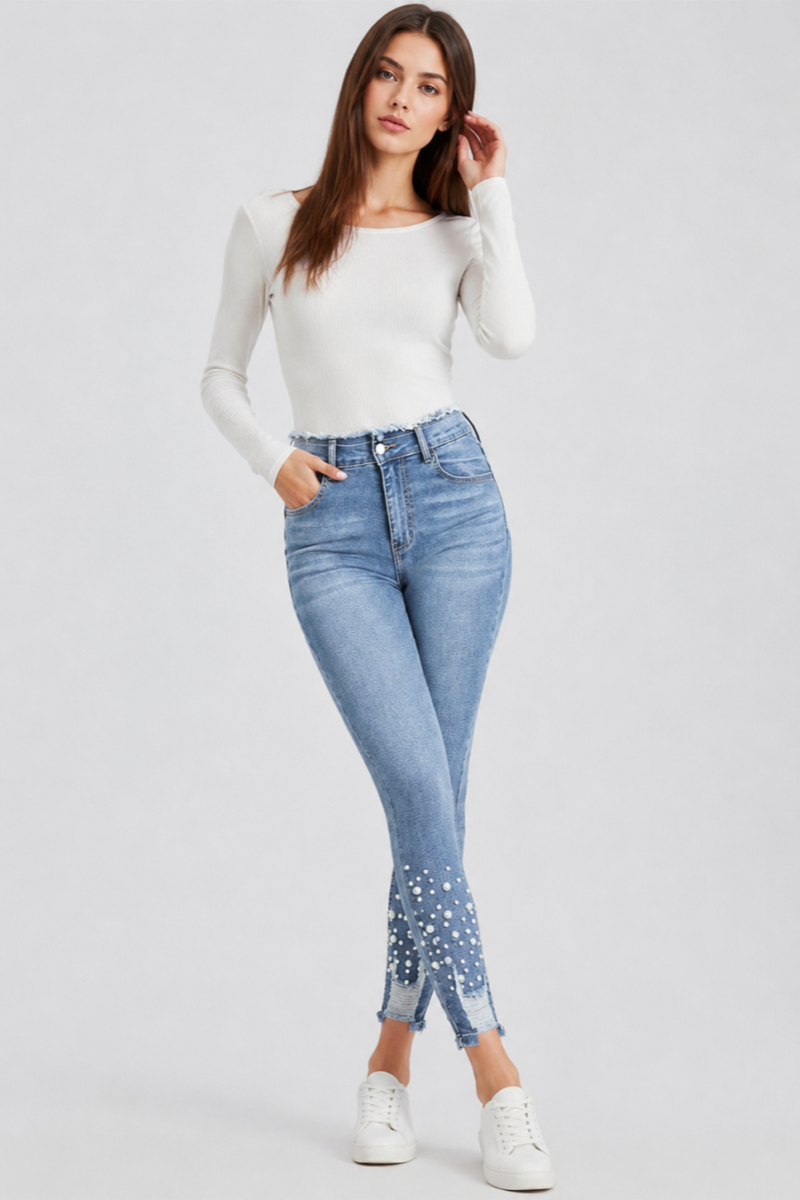 Women's High Waist Pearl Embellished Stretch Skinny Jeans
