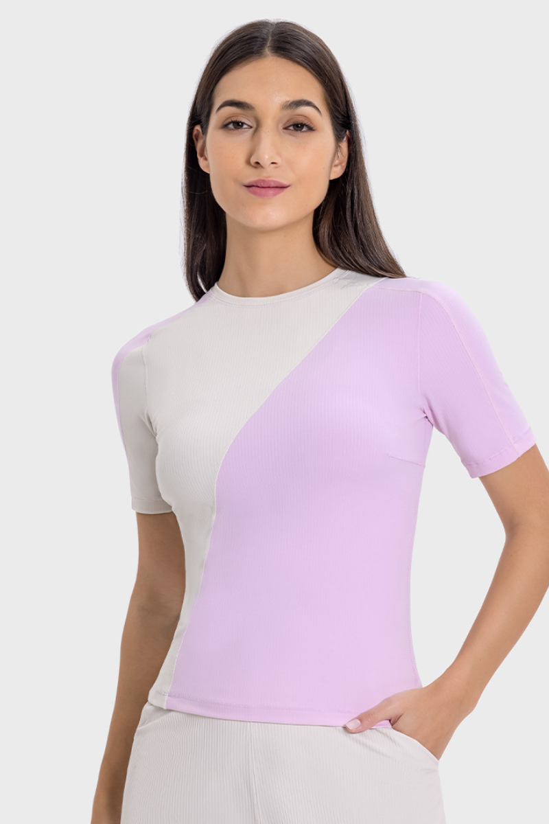 Women's Ribbed Yoga Tee - Color Block Cooling Slim Fit