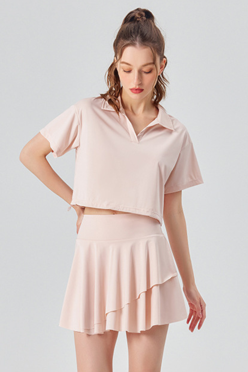 Women's Tennis Sets:Polo Collar Cropped Tee & Skirt