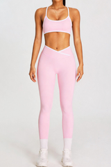 Women's Color-Block Bra And Cross Waist Leggings Sport Set