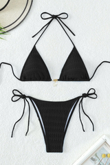 Women's Triangle Cup Side Tie Ribbed Solid Bikini Set