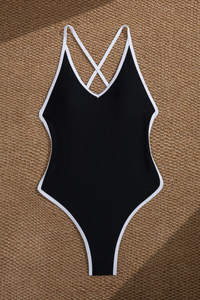 Women's V-neck Color Block Cross Back Sexy Swimsuit