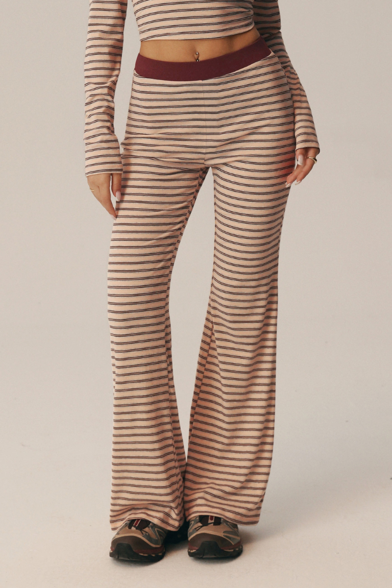 Women's Striped Wide Contrast Elastic Waist Flare Pants