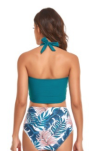 Women's Halterneck V-neck Pleated Drawstring Floral Bikini