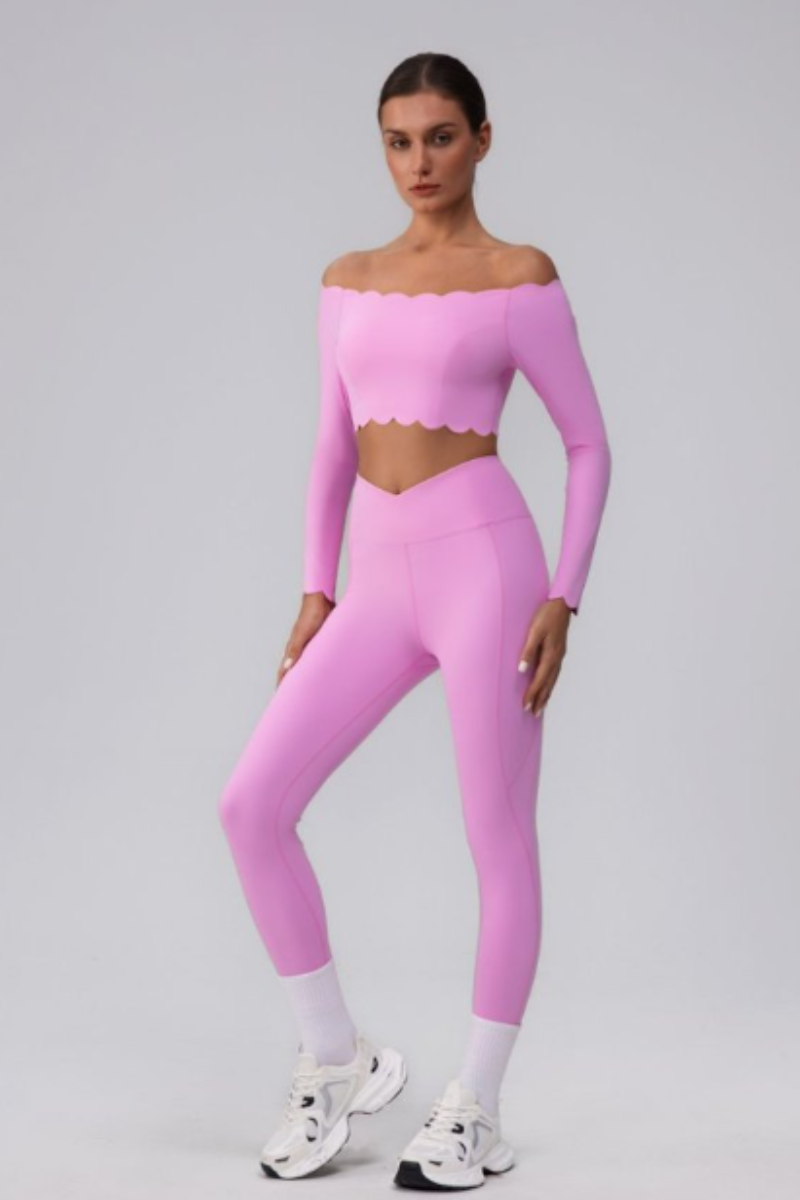 Women's Scalloped Off-Shoulder Long Sleeve Top& Leggings Set