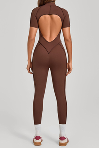 Women's Half-Zip Short Sleeve Open Back Jumpsuit