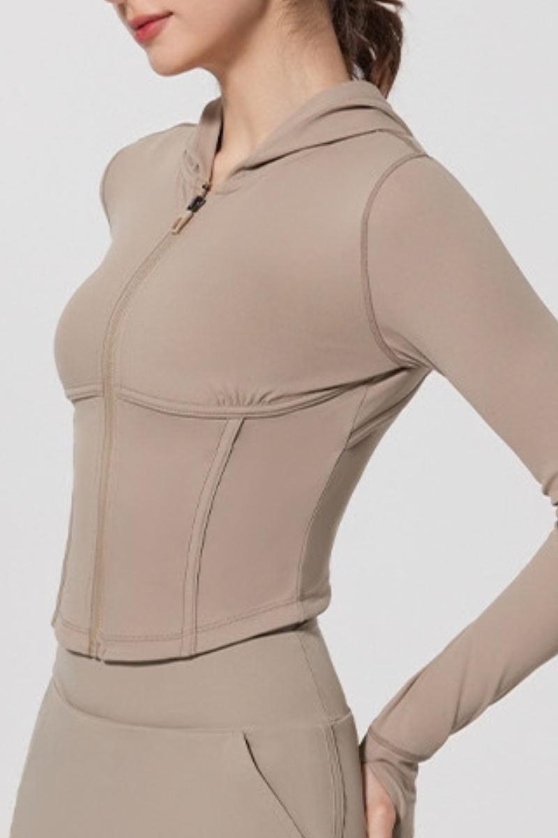 Women's Slim Fit Cropped Finger Cuffs Hooded Yoga Jacket