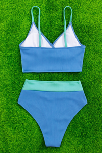 Women's V-Neck Color Block Crossover High Waisted Bikini