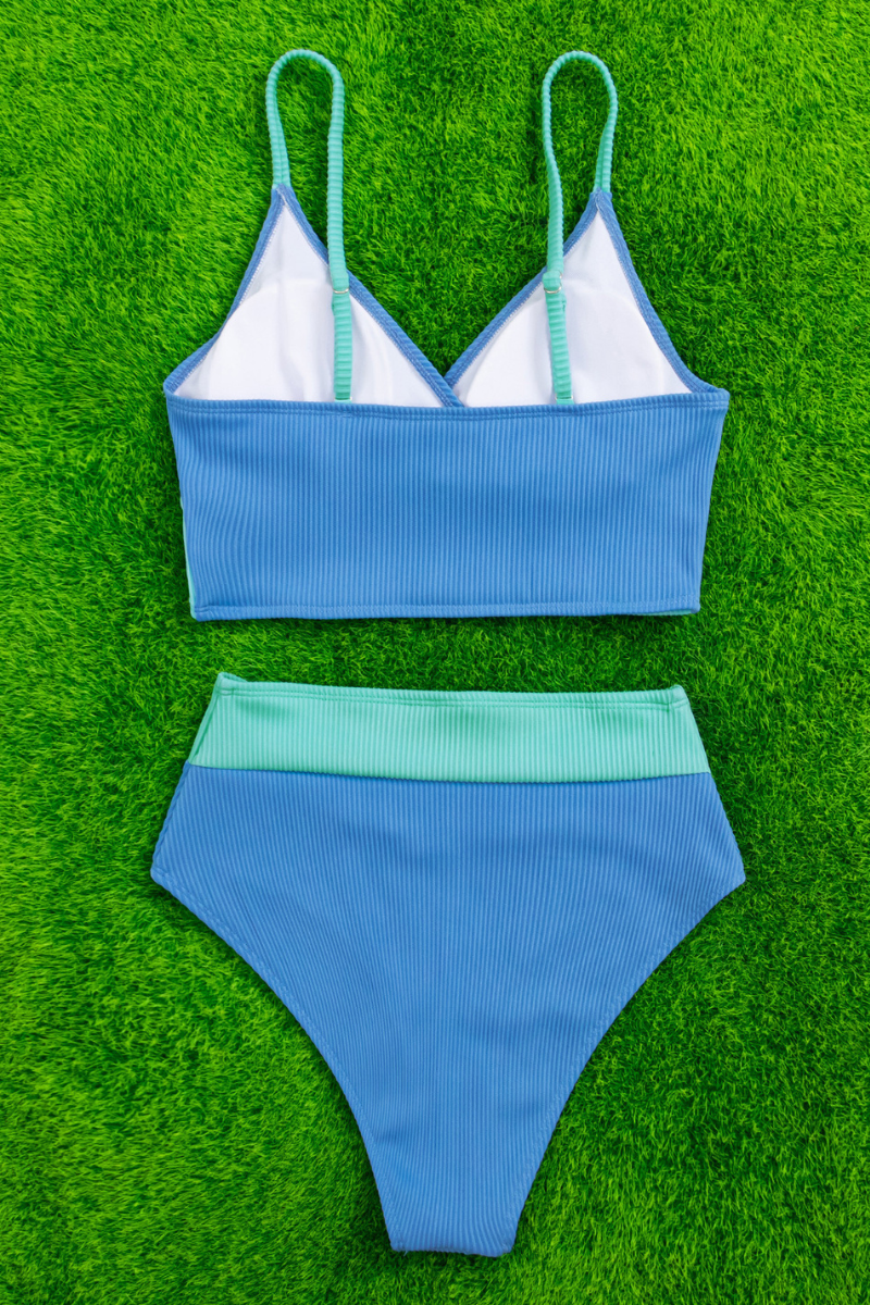 Women's V-Neck Color Block Crossover High Waisted Bikini