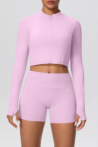 Women's Sport Set:Mock Neck Jacket And Side Pocket Shorts