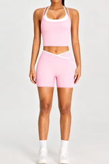Women's Color-Block Cross-Back Tank Top And Shorts Sport Set