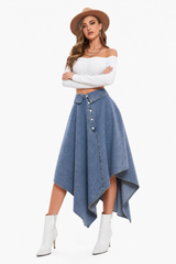 Women's High Waist Button Front Asymmetrical Denim Skirt