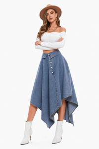 Women's High Waist Button Front Asymmetrical Denim Skirt