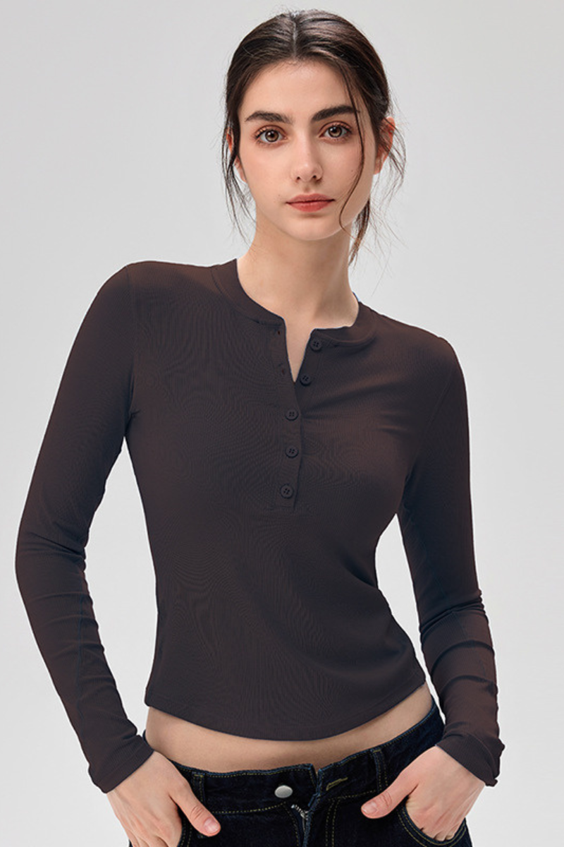 Women's Henley Neck Ribbed Slim Fit Long Sleeve Sports Top