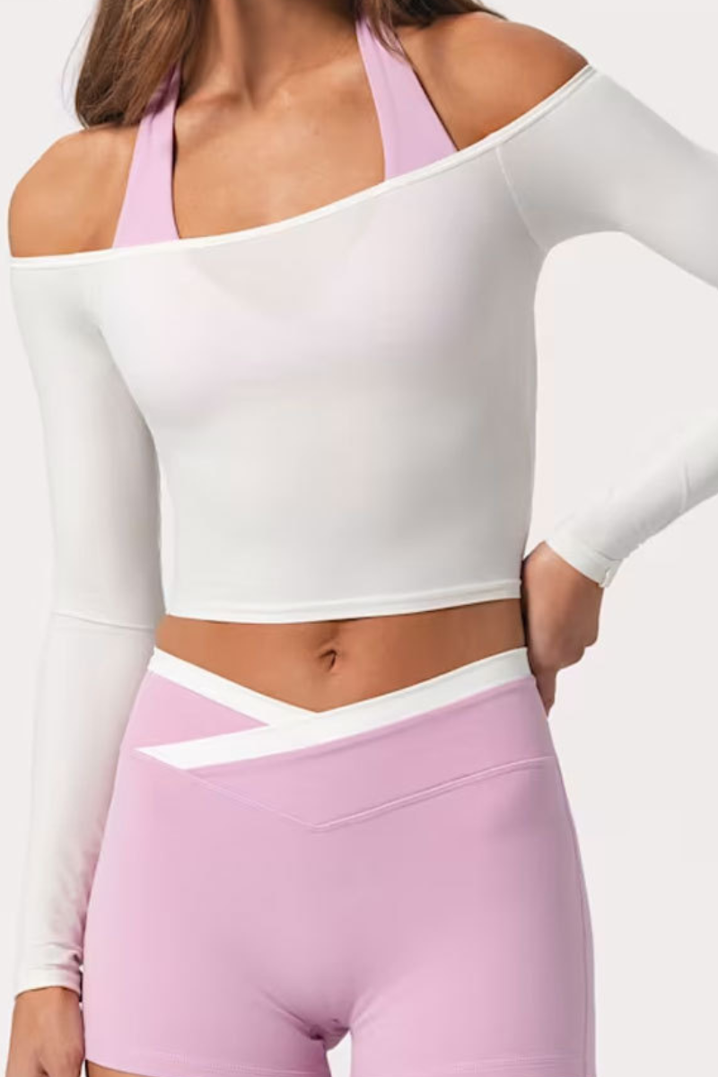 Women's Halter Off-Shoulder Brushed Long Sleeve Cropped Top
