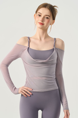 Women’s Twist Strap  Sheer Off-Shoulder Padded Yoga Top