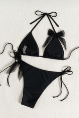 Women's Black Mesh Bow Side Tie Vacation Sexy Bikini Sets
