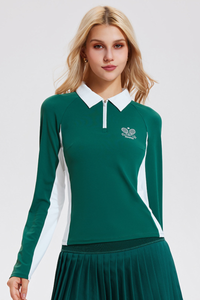 Women’s Color-Block Half-Zipper Polo Long-Sleeve Top