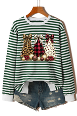 Women's Fall Striped Bow Christmas Tree Printed Pullover