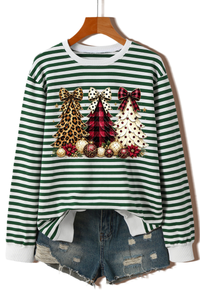 Women's Fall Striped Bow Christmas Tree Printed Pullover