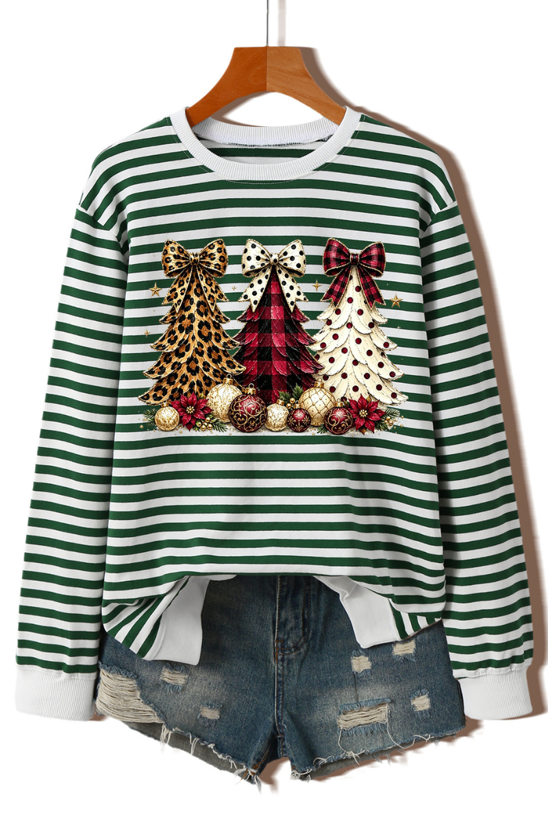 Women's Fall Striped Bow Christmas Tree Printed Pullover