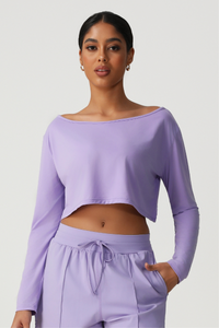 Women's Off Shoulder Cropped Workout Long Sleeve Top
