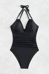 Women's V-neck Pleated Halterneck Waist Cinching Swimsuit