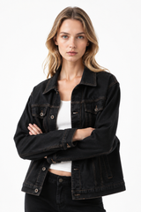 Women's Fall Vintage Classic Raw Black Denim Jacket