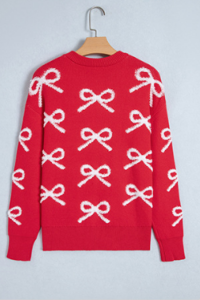 Women Red Crew Neck Sweater All Over White Bow Long Sleeve