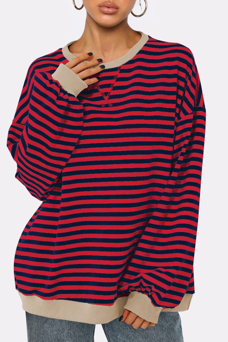 Women Fall Contrast Striped Lantern Sleeve Loose Sweatshirt