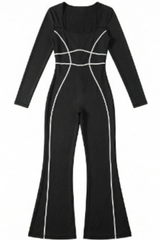 Women's Square Neck Contrast Stitch Waist Cinch Jumpsuit