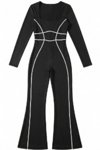 Women's Square Neck Contrast Stitch Waist Cinch Jumpsuit