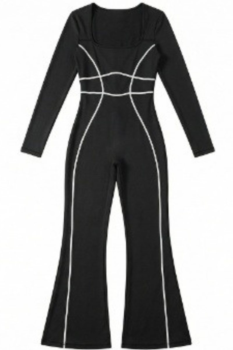 Women's Square Neck Contrast Stitch Waist Cinch Jumpsuit