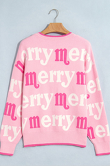 Women's Cute Christmas Crew Neck Sweater Pink Merry Letter