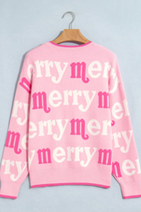 Women's Cute Christmas Crew Neck Sweater Pink Merry Letter