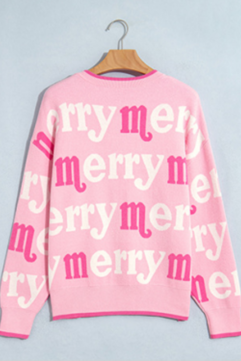 Women's Cute Christmas Crew Neck Sweater Pink Merry Letter