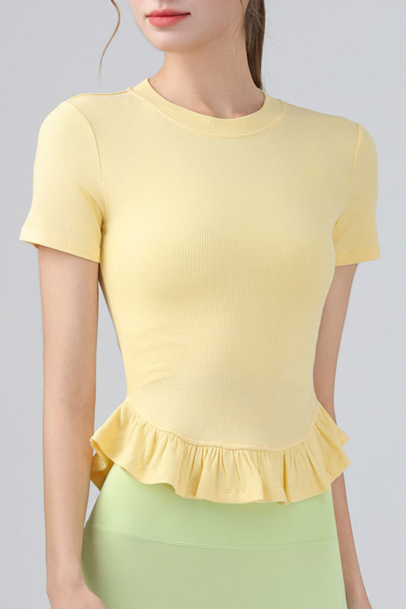 Women's Crew Neck Ruffle Hem Sports Short Sleeve Top