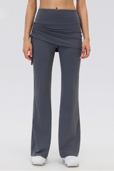 Women's Fake 2-Piece Skort Overlay Ruched Flare Yoga Pants