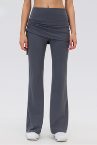 Women's Fake 2-Piece Skort Overlay Ruched Flare Yoga Pants