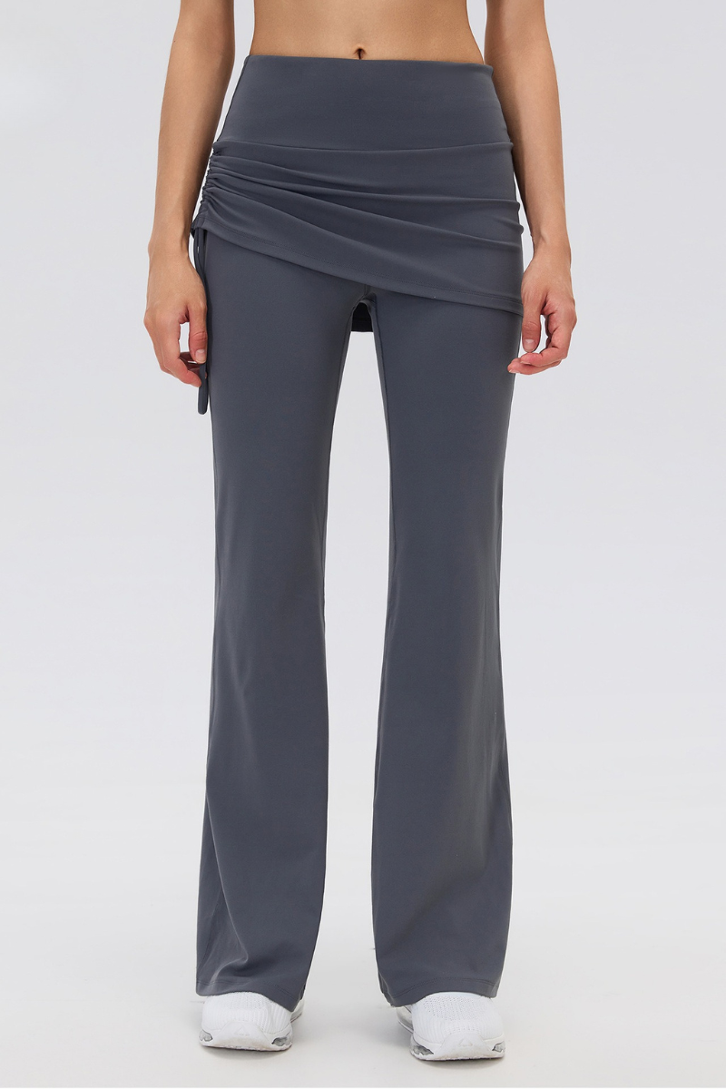 Women's Fake 2-Piece Skort Overlay Ruched Flare Yoga Pants